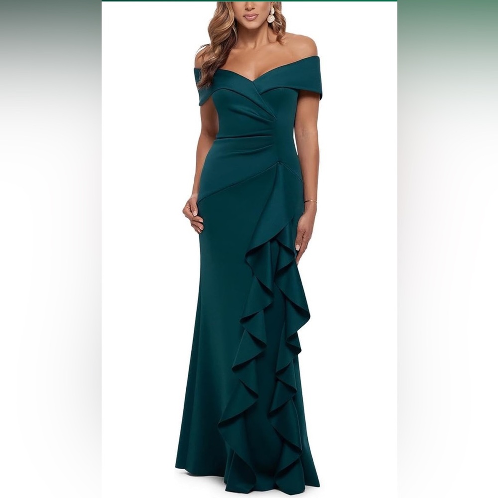 Xscape Long Scuba Off-The-Shoulder Ruffle Dress